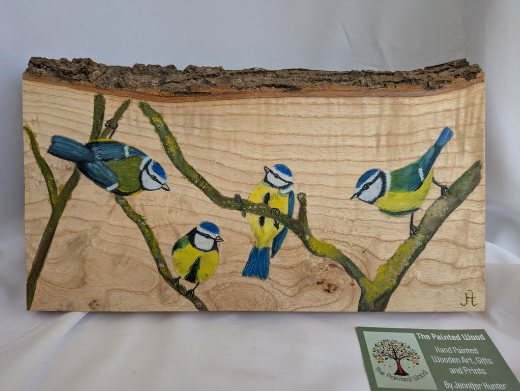 Blue Tit Birds Painting On Chunky Wood