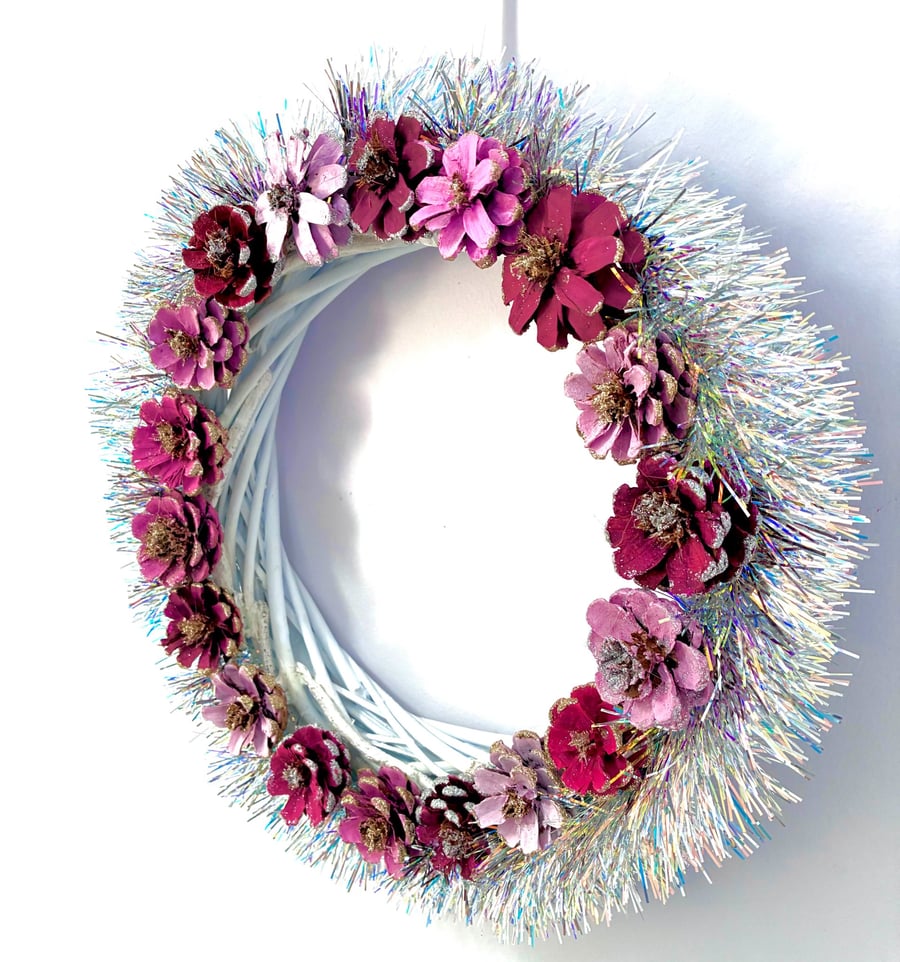 Christmas Sparkly Pinecone Flower Wreath with Tinsel