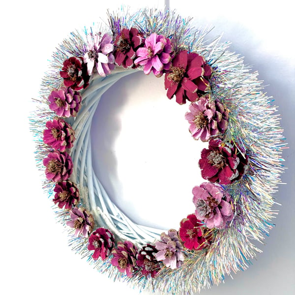 Christmas Sparkly Pinecone Flower Wreath with Tinsel