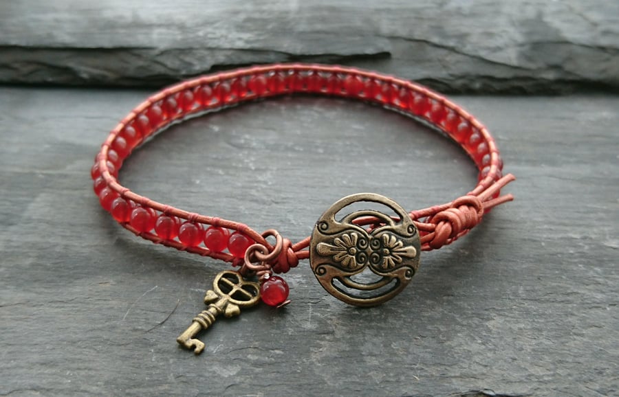 Carnelian bead and metallic leather bracelet, July birthstone