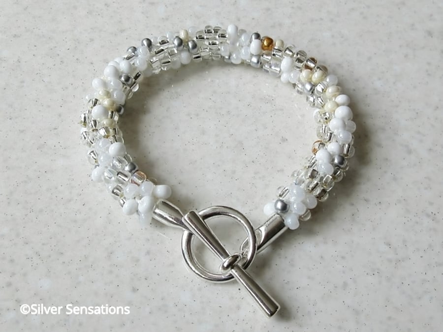 White, Silver & Clear Kumihimo Seed Bead Fashion Bracelet