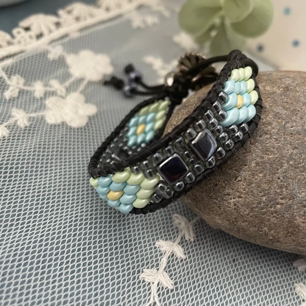 Bracelet, Boho woven leather wrap beaded adjustable bracelet