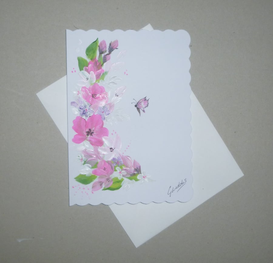 original art hand painted floral greetings card ( ref FA 285 L1 )