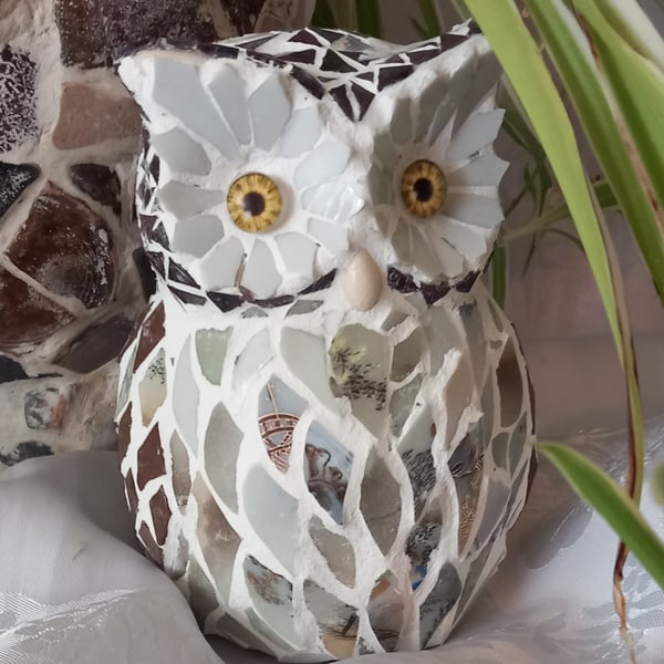 A Wise Owl. A pre-loved ornament mosaicked with Japanese porcelain.