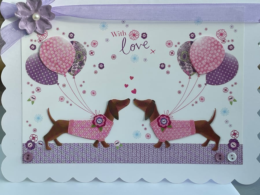 Two Dachshunds with balloons with love anniversay or wedding card