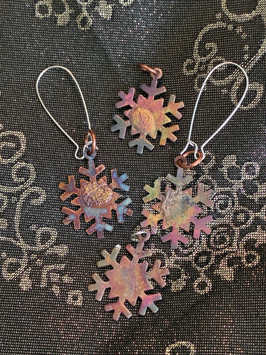 Tarot inspired flame-painted silver fused copper SNOWFLAKES earrings