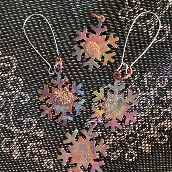 Tarot inspired flame-painted silver fused copper SNOWFLAKES earrings