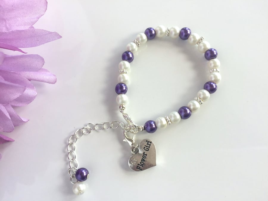 Personalised Purple & Ivory Flower Girl Bracelet