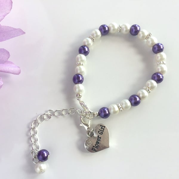 Personalised Purple & Ivory Flower Girl Bracelet