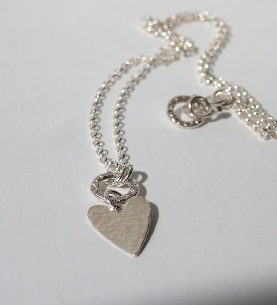  Silver Hammered Heart and Sterling Silver Fine Chain Necklace
