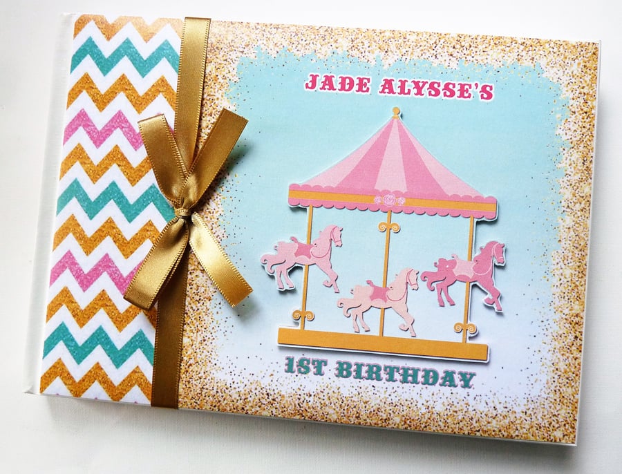 Carousel Birthday guest book, Carnival guest book, pink and gold carousel