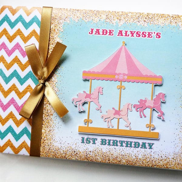 Carousel Birthday guest book, Carnival guest book, pink and gold carousel