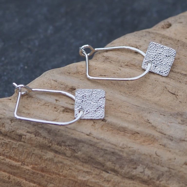 Silver Textured Square Dangle Drop Earrings. Modern, Comfortable, Handmade