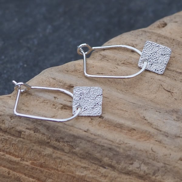 Silver Textured Square Dangle Drop Earrings. Modern, Comfortable, Handmade