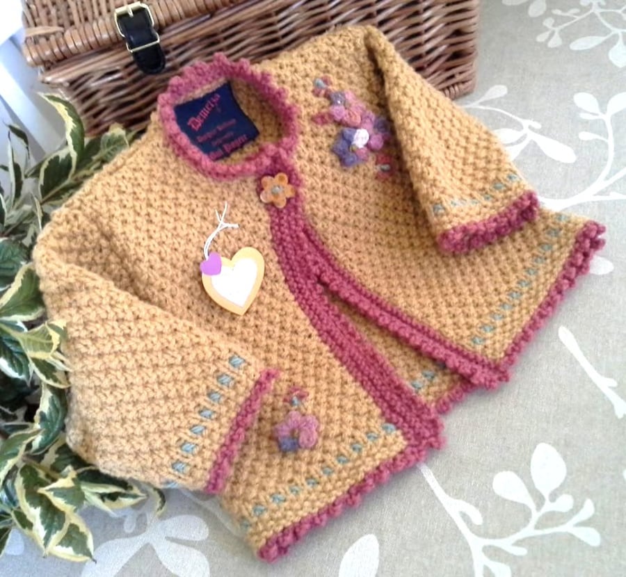Designer Hand Knitted Baby Girl's Mustard Aran Jacket with wool 9-18 months size