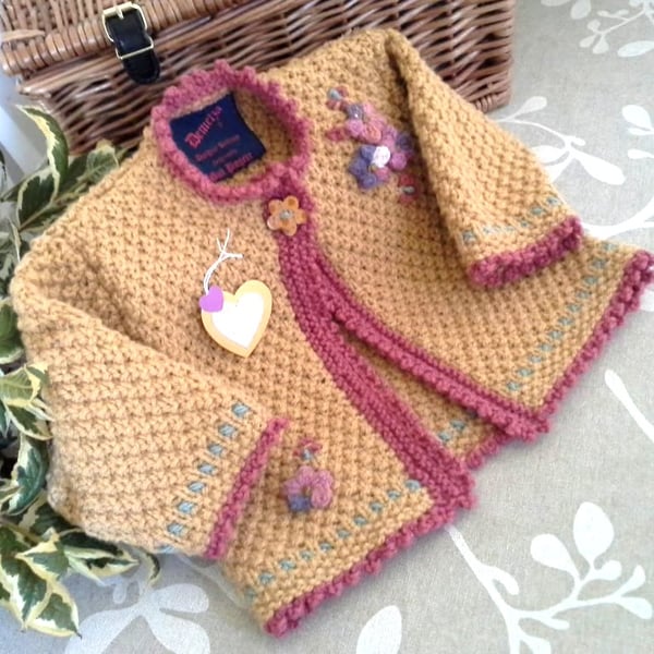 Designer Hand Knitted Baby Girl's Mustard Aran Jacket with wool 9-18 months size