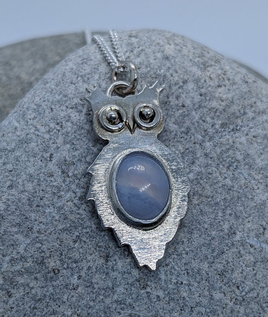 Silver owl pendant, Unique owl pendant with Blue Lace Agate stone, Sterling silv