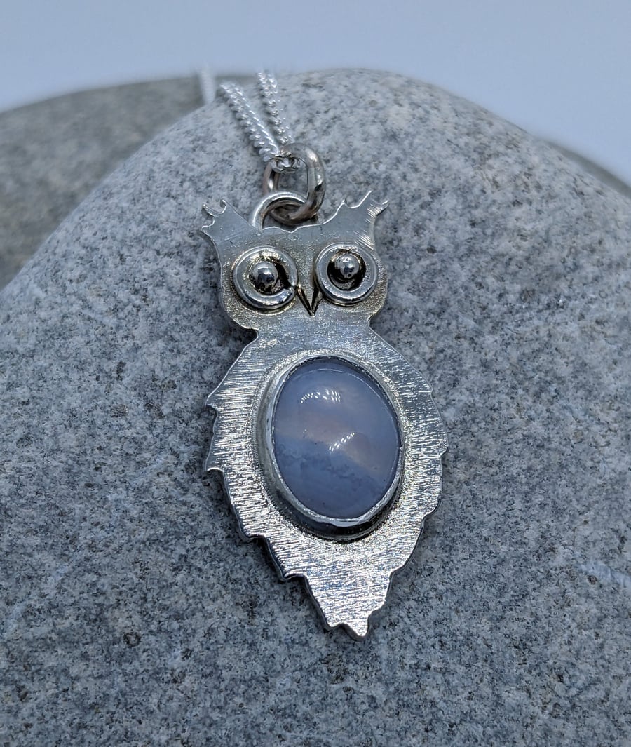 Silver owl pendant, Silver owl pendant with Blue Lace Agate stone, Bird necklace