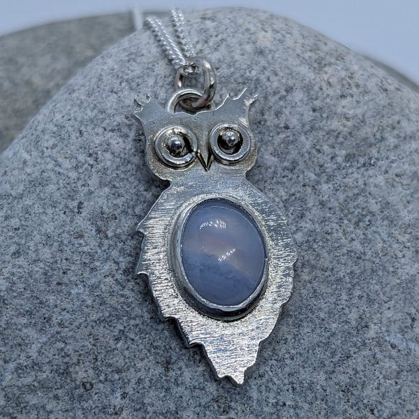 Silver owl pendant, Unique owl pendant with Blue Lace Agate stone, Sterling silv