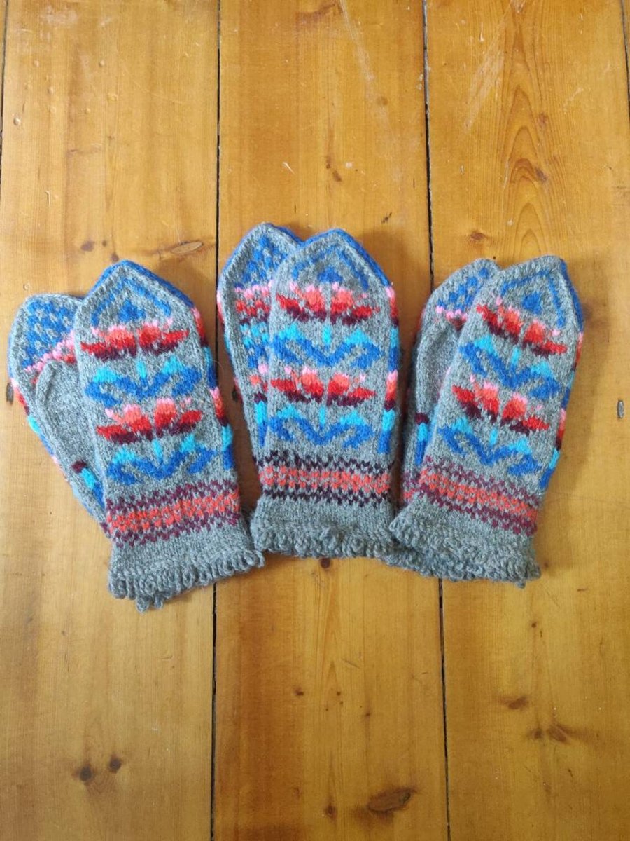 Hand knit thick wool mittens colourful traditional fairisle nordic christmas