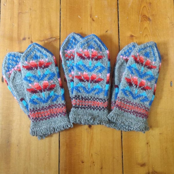 Hand knit thick wool mittens colourful traditional fairisle nordic christmas