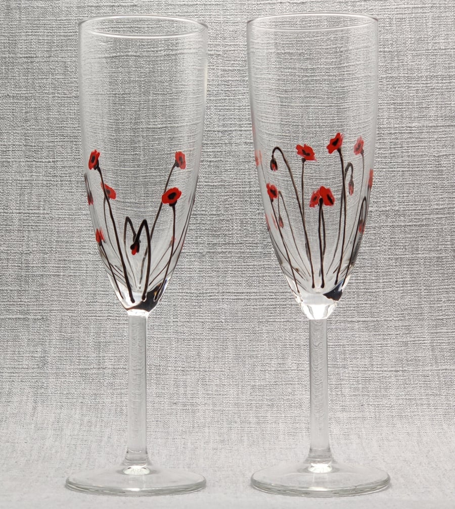 Pair of Hand-painted Poppy champagne prosecco glasses