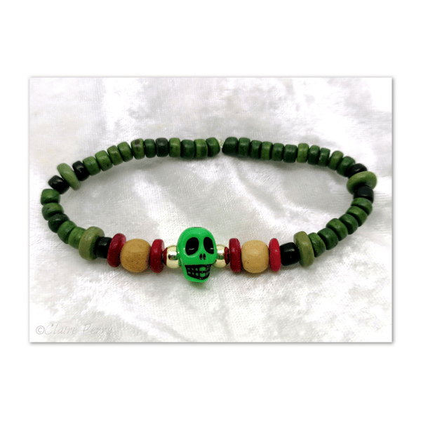Wooden Surfer's bead bracelet with Green Skull bead