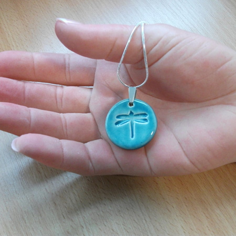 NEW YEAR SALE Turquoise Ceramic Pendant Necklace with Impressed Dragonfly