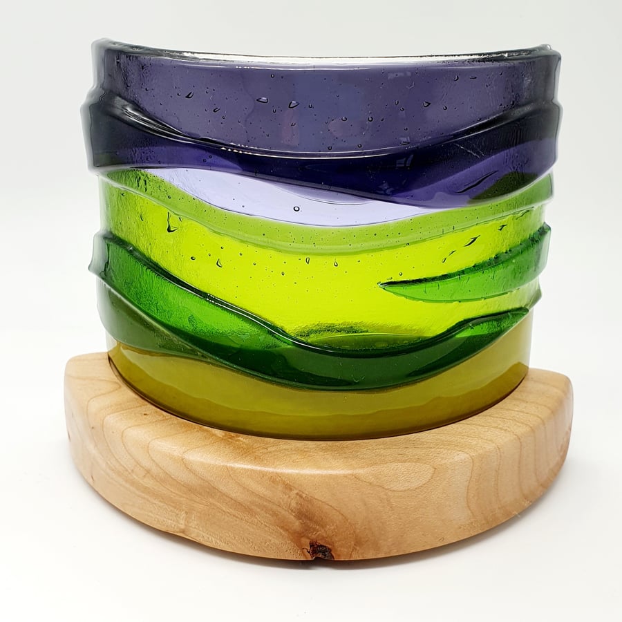 ‘Heathery Hills’ Fused Glass Landscape in Curved Wooden Stand with Tealight 
