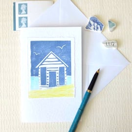 Handmade block printed beach hut blank greeting card - new colourway