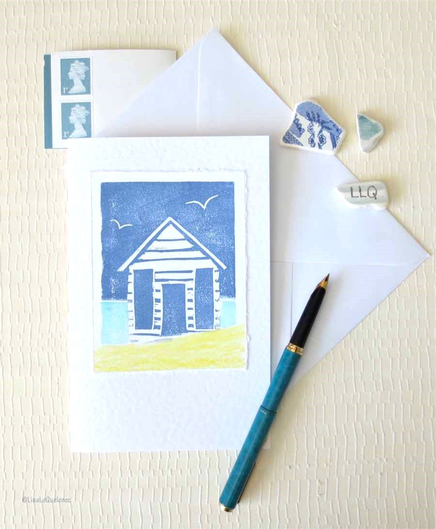 Handmade block printed beach hut blank greeting card - new colourway