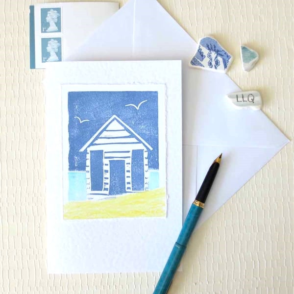 Handmade block printed beach hut blank greeting card - new colourway