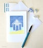 Handmade block printed beach hut blank greeting card - new colourway - Image 1