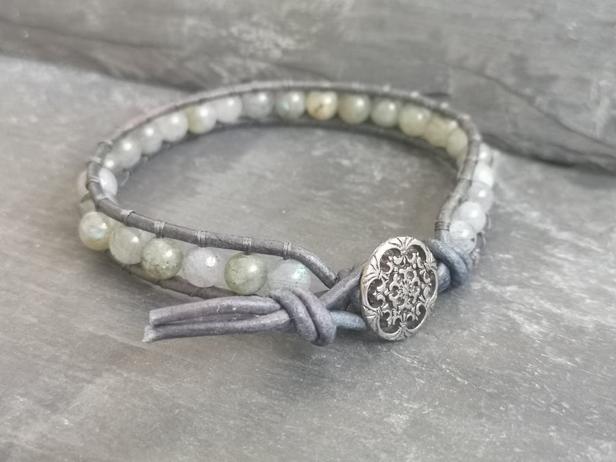 Labradorite and grey leather bracelet with button fastener, semi precious 