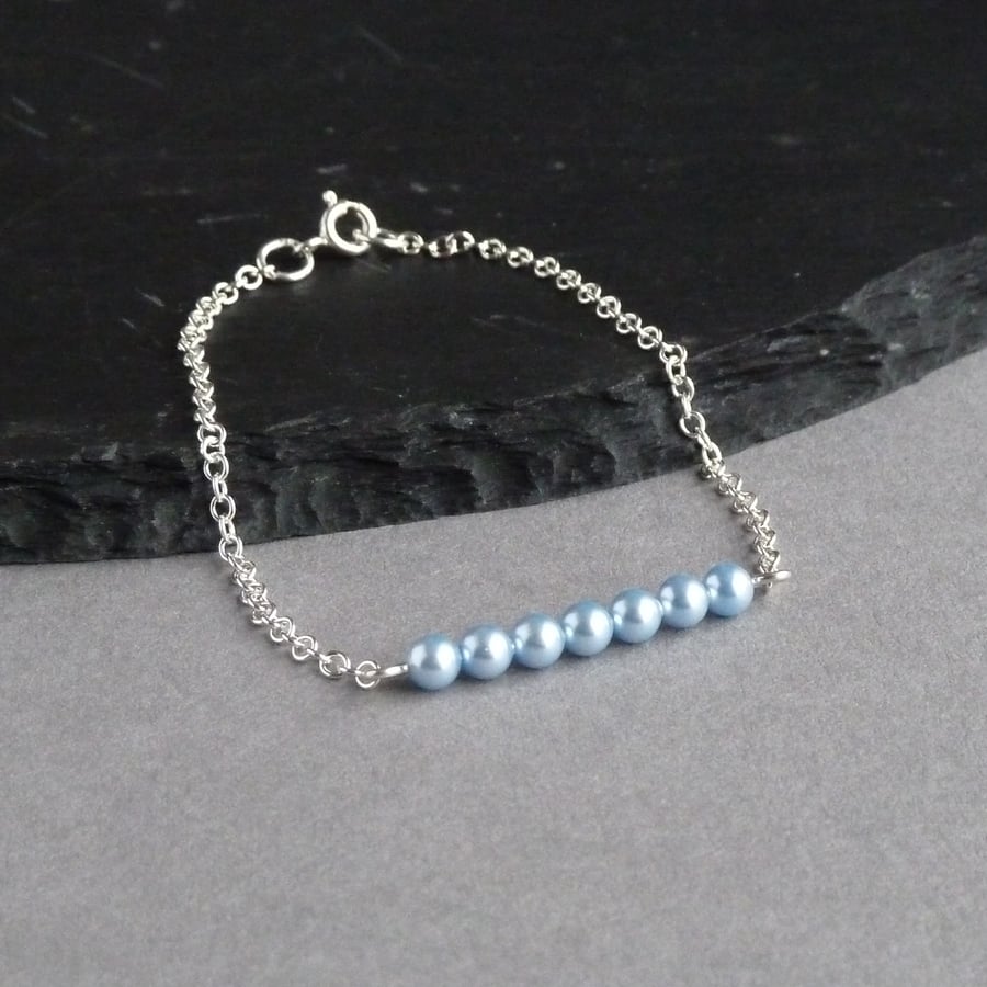 Dainty Powder Blue Pearl and Sterling Silver Stacking Bracelet - Light Blue Gift