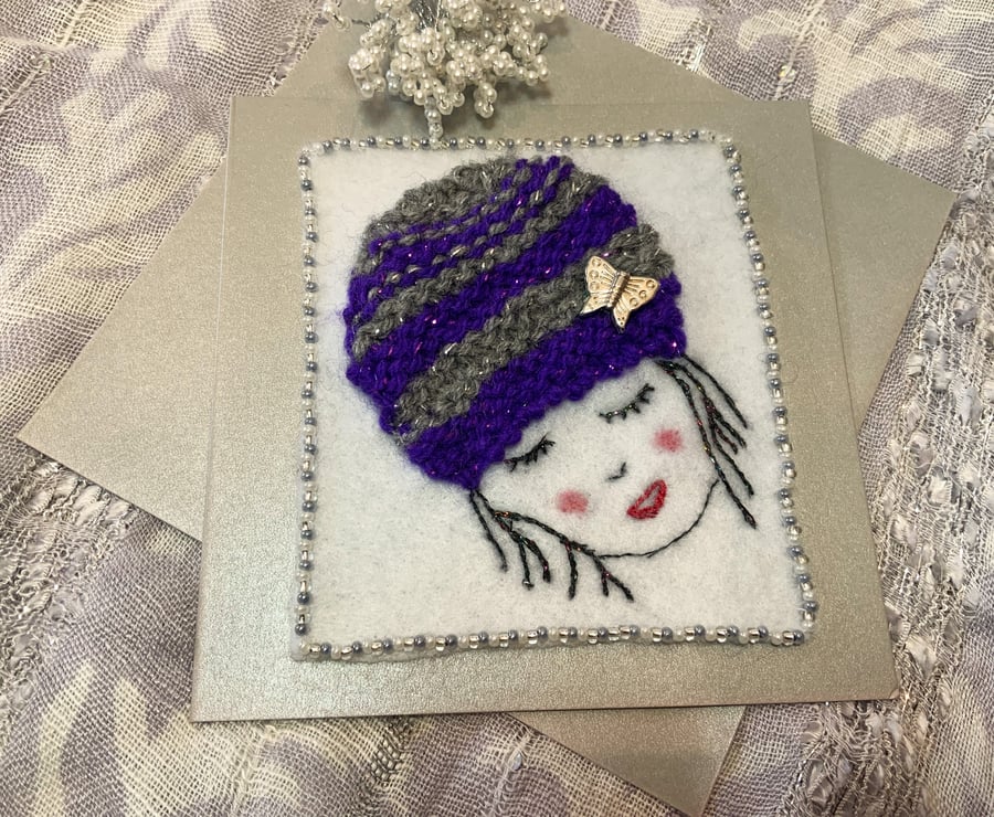 Beanie Hat Girl - Embroidered & Knitted Art Card