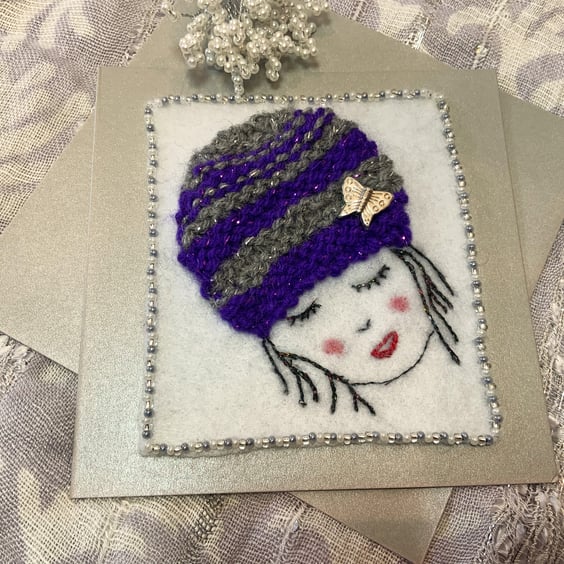 Beanie Hat Girl - Embroidered & Knitted Art Card