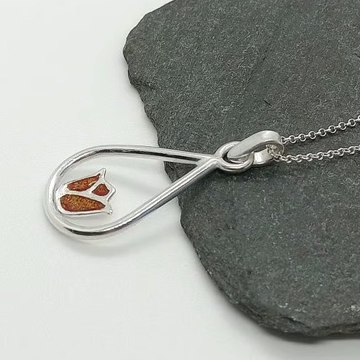 Glass enamelled tulip in a raindrop pendant sterling silver hallmarked