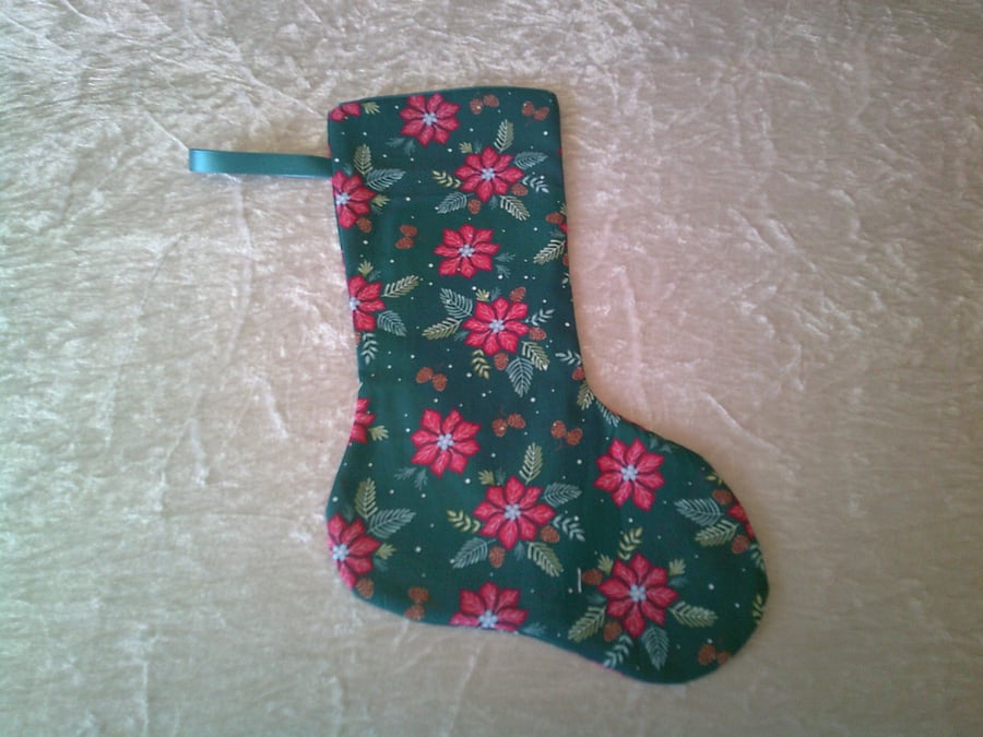 10.5 inch Stocking with Poinsettia and Fern Leaves