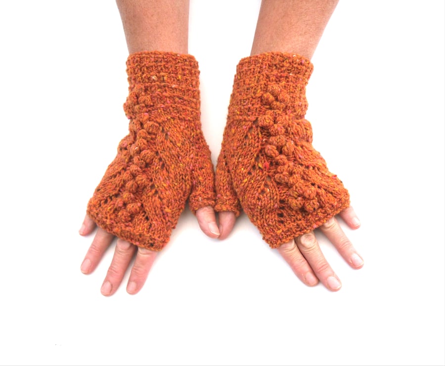 Copper OrangeTweed Lace Fingerless gloves, 100% wool with bobbles