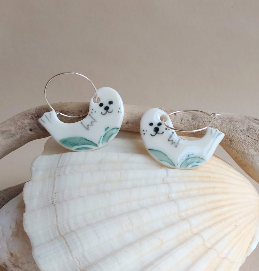 Handmade Stoneware Porcelain Ceramic Seal Hoop Earrings with Sterling Silver 