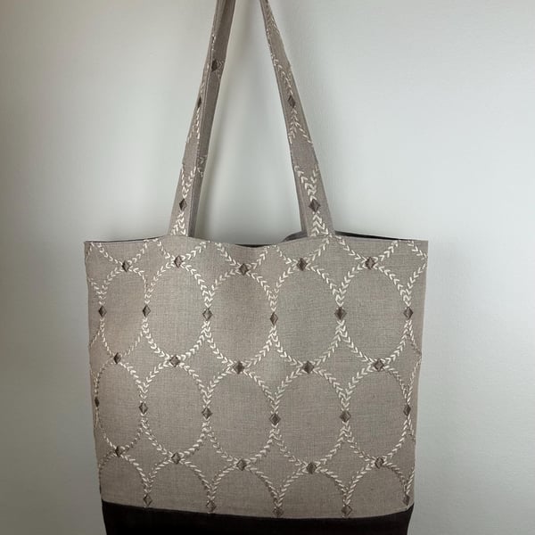 Tonal beige bag - embroidered trellis pattern tote - large slouchy bag