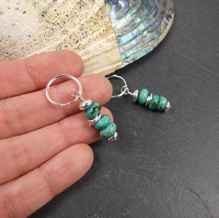 Genuine Natural Blue Turquoise Sterling Silver Snap Closure Hoop Dangle Earrings