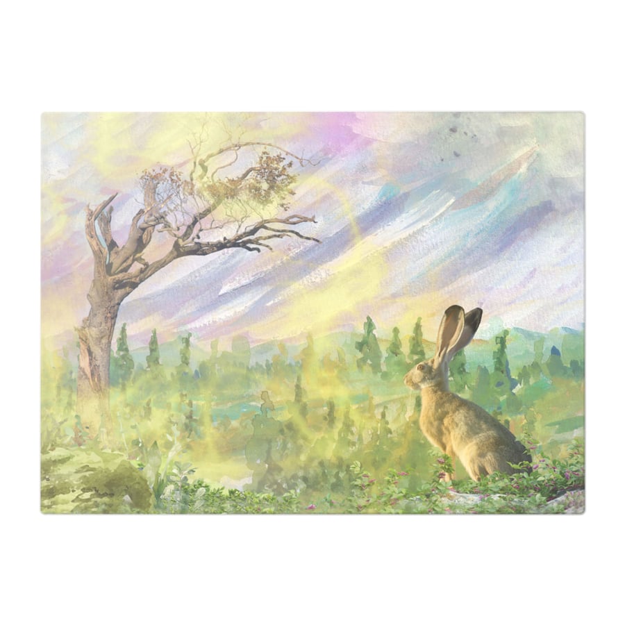 Lone Hare in a Brewing Storm Landscape Glass Chopping Board