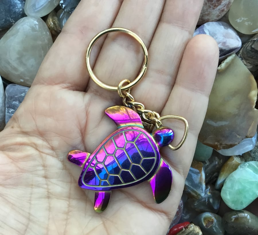 Rainbow Titanium Hematite Turtle Keyring or Handbag Charm.