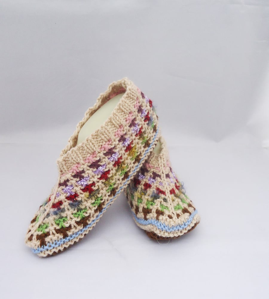 Knitted Socks,Slippers in Beige and Brown, Hand Knitted Women Winter Home Socks