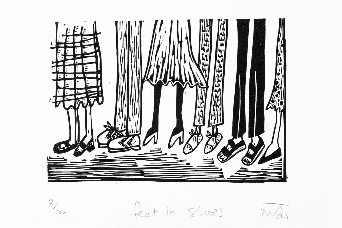 Feet in Shoes - lino print 