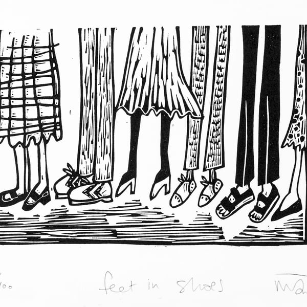 Feet in Shoes - lino print 