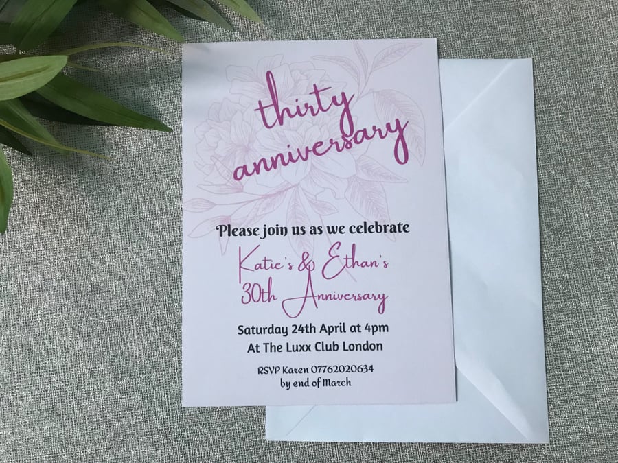 10 Printed Personalised Anniversary Party Invitation 
