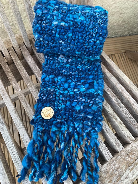 Handspun and woven shades of blue and turquoise art scarf